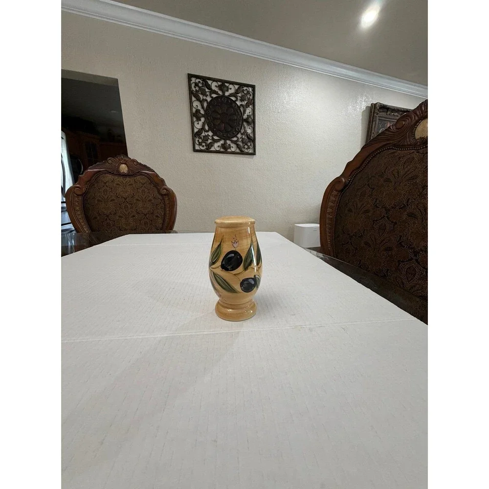 Hand Painted Olive Ceramic Salt or Pepper Shaker Beige Green Glossy Vase China
